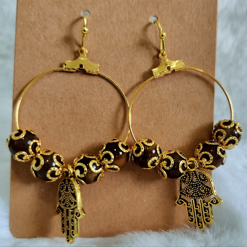 Hamsa Hand Charm Pendant With Coffee Brown beads